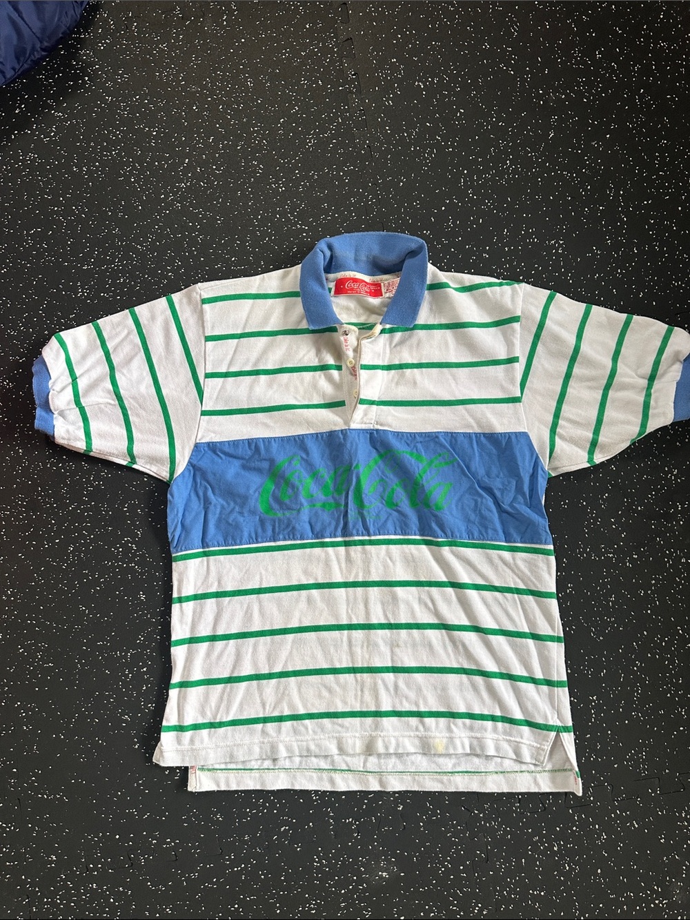 Vintage 80s Coca Cola White Polo/rugby shirt with Blue Panel & Green Stripes